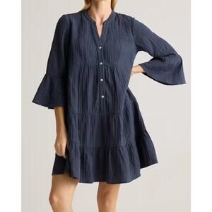 Quince Women 100% Organic Cotton Gauze Long Sleeve Tiered Mini Dress Blue XS NWT